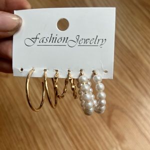 Set of 3 Earrings Gold big hoop, Medium Gold twisted hoop, and Big Pearl Hoop